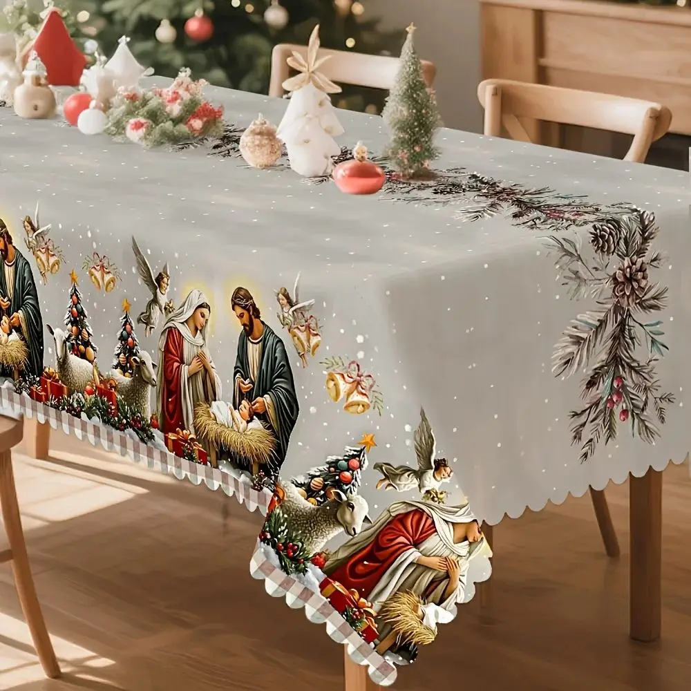 Rechteckige Weihnachtstischdecke mit Krippenmotiv auf gedecktem Tisch mit Tannenbaum im Hintergrund