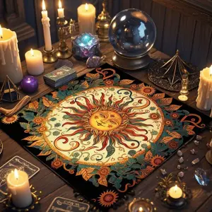 Quadratische Tischdecke mit großer Sonne, Blättern und Blumen auf schwarzem Grund, auf einem Holztisch