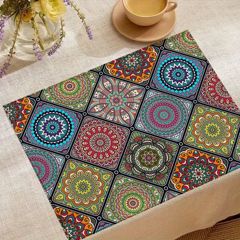 Platzdeckchen aus Leinen mit buntem Mandala-Muster – Bild 2