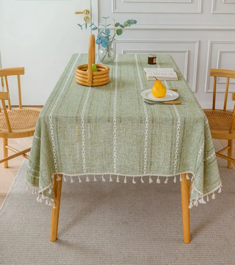 Tischdecke grau rechteckig mit Quasten und Streifenmuster – Bild 3