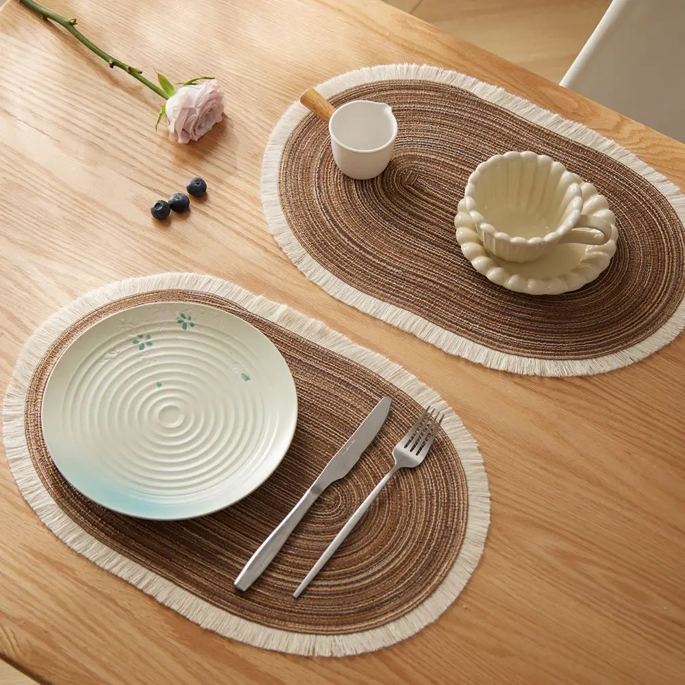 Tischset Stoff Baumwolle oval mit heller Fransenkante – Bild 3