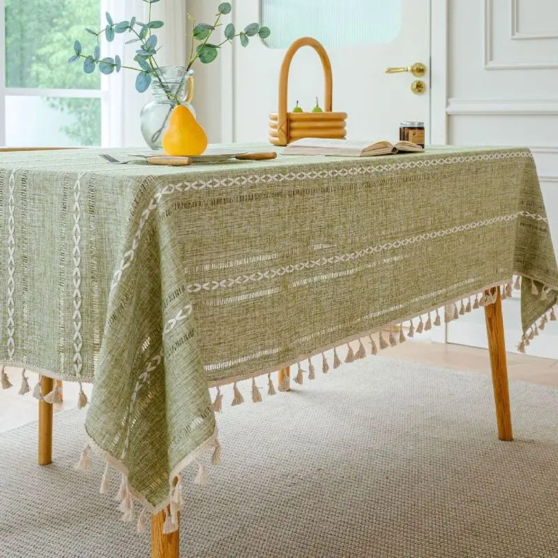 Tischdecke grau rechteckig mit Quasten und Streifenmuster – Bild 5