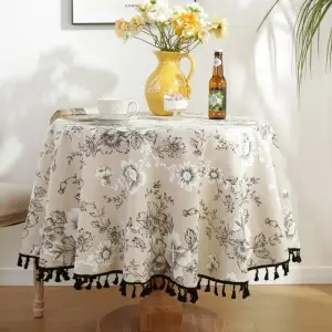 Kleine runde Tischdecke mit Blumenmuster und Quasten – Grau – Blumen mit Quasten