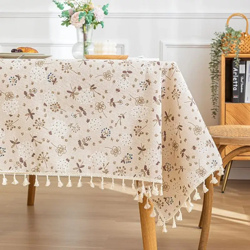 Kleine Tischdecken rechteckig mit Blumenmuster und Quasten – Beige – Blumen