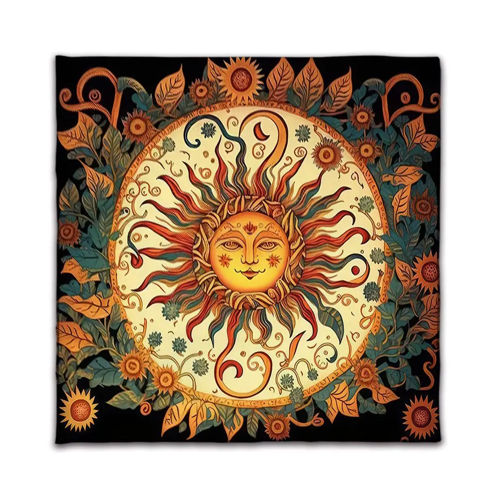Stoff Tischdecke mit Sonne und Mond, quadratisch, waschbar – Bunt – Sonne und Blätter
