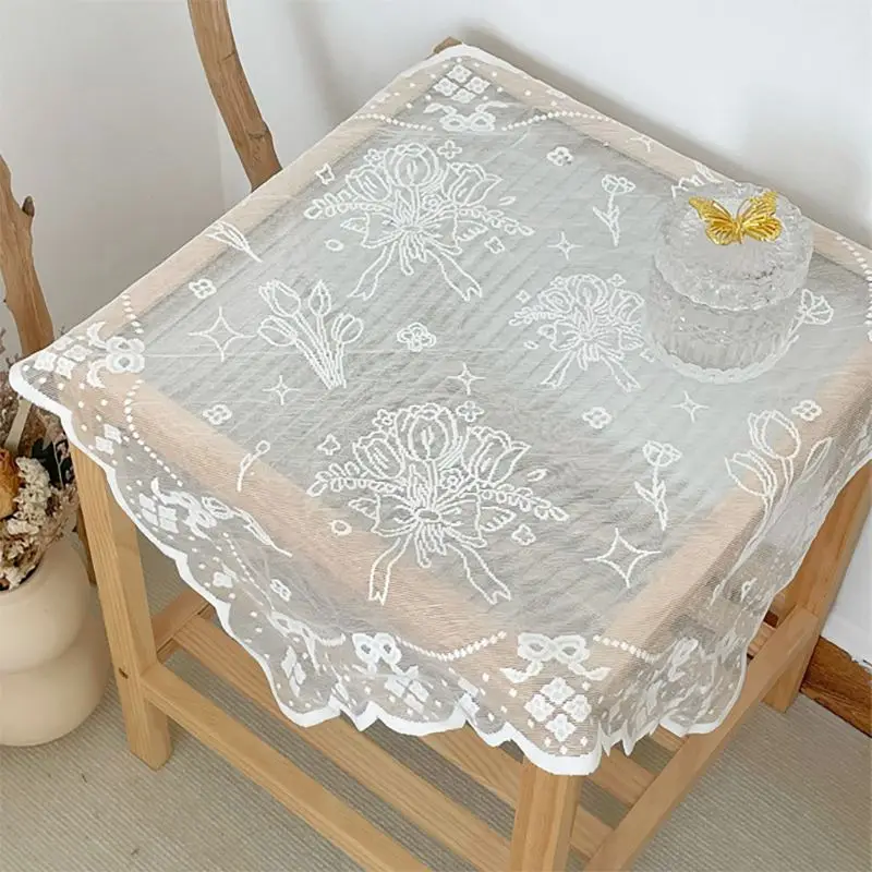 Tischdecke Groß Weiß aus Spitze mit Rosenmuster – Weiß