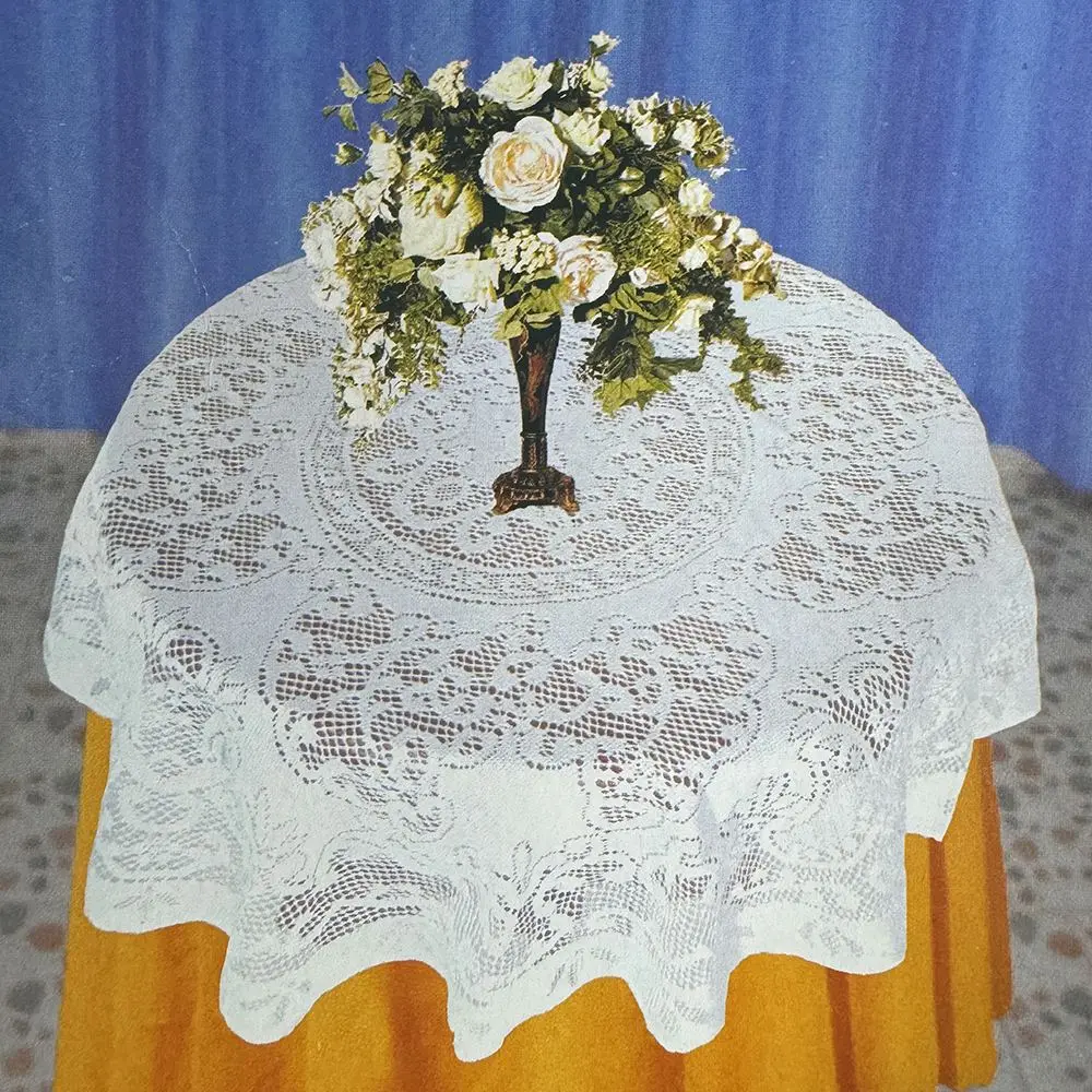 Tischdecke rund mit Spitzenmuster, maschinenwaschbar – Weiß