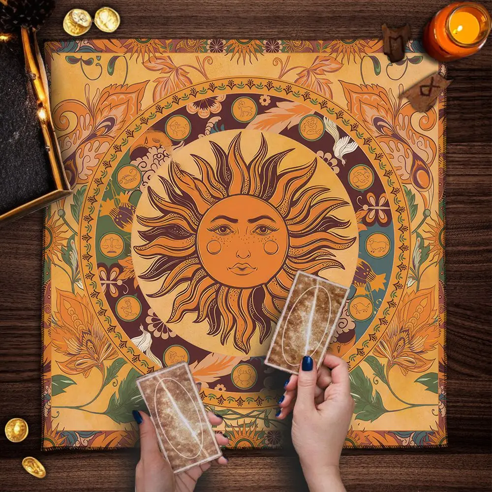 Stoff Tischdecke mit Sonne und Mond, quadratisch, waschbar – Orange – Sonne
