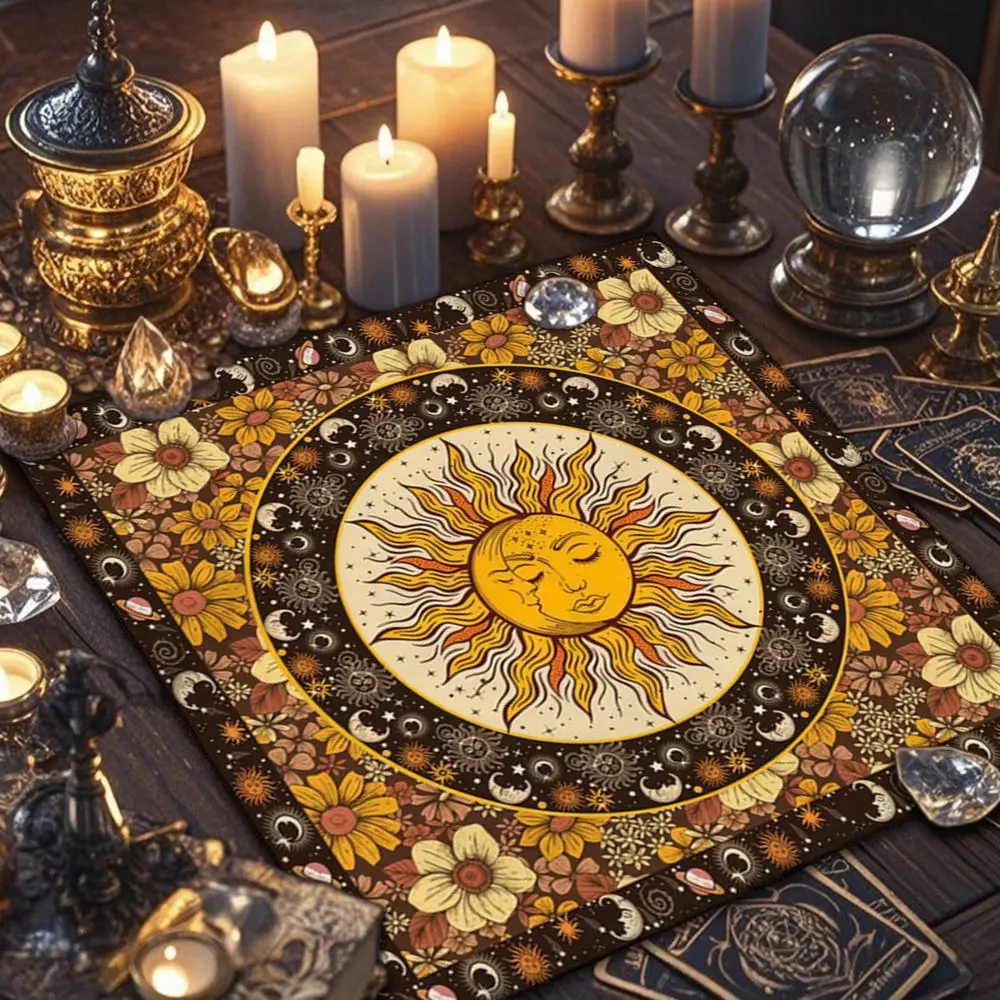 Stoff Tischdecke mit Sonne und Mond, quadratisch, waschbar – Bunt – Sonnenmandala