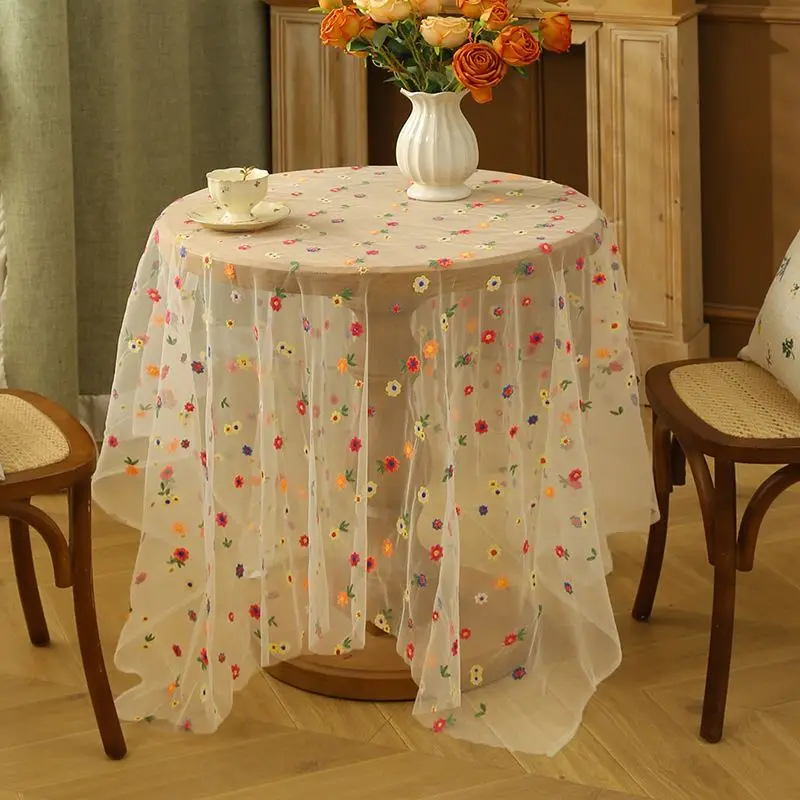 Tischdecke transparent mit buntem Blumenmuster, Tüll-Optik – Bunt