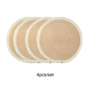 Kleine runde Tischdeckchen geflochten mit Fransenrand – Beige
