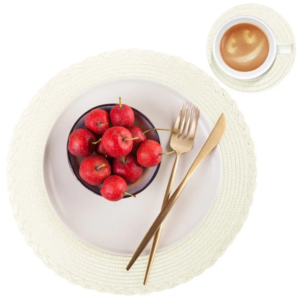 Tischset Grau rund, geflochten mit Spiralstruktur – Creme