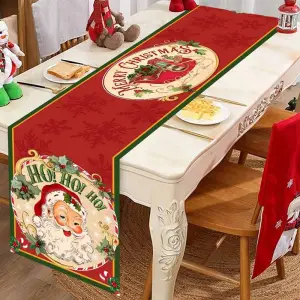 Tischläufer Stoff mit Weihnachtsmann und goldenem Schriftzug – Rot – Weihnachtsmann