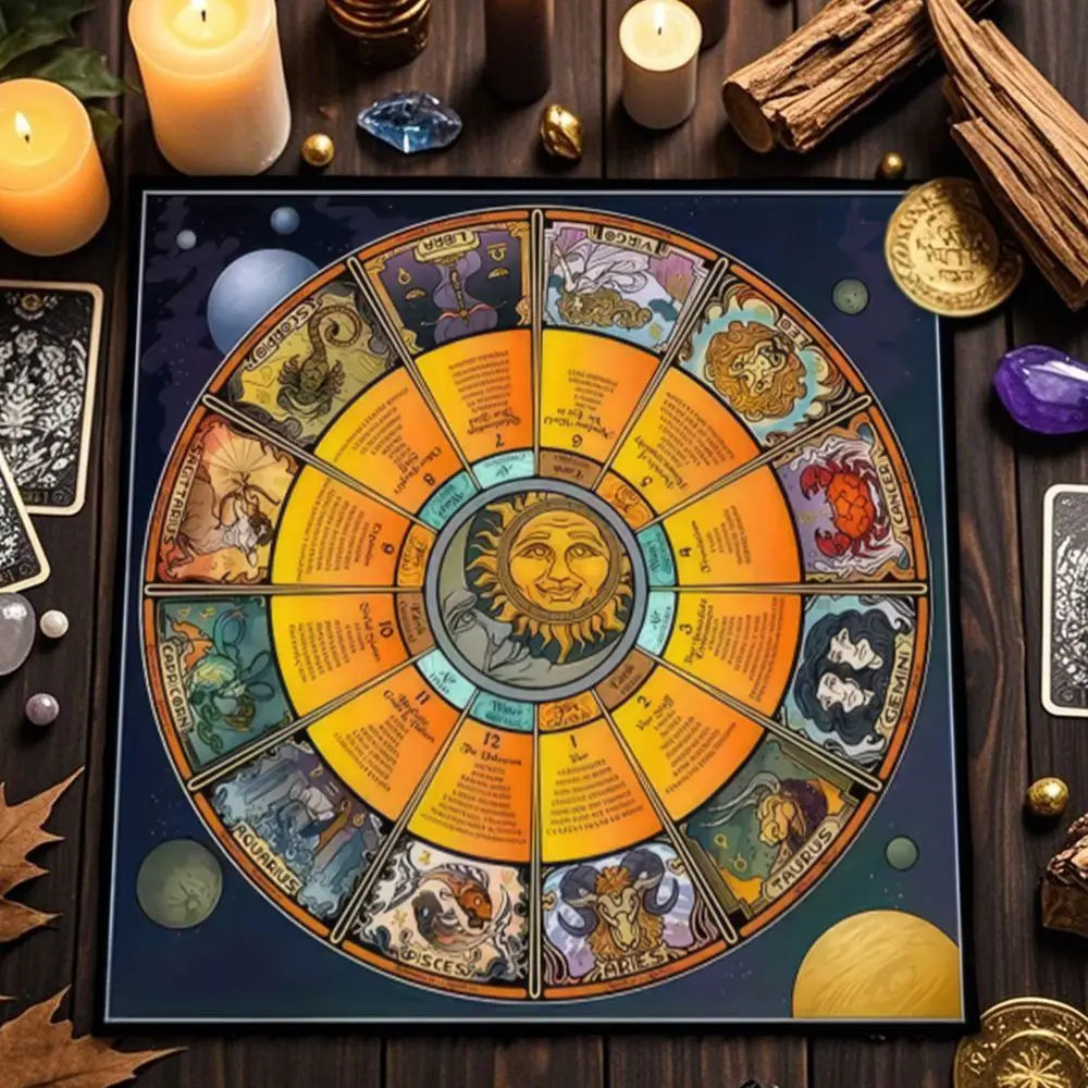 Stoff Tischdecke mit Sonne und Mond, quadratisch, waschbar – Orange – Tierkreis