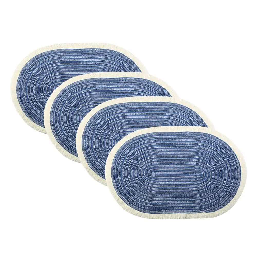 Tischset Stoff Baumwolle oval mit heller Fransenkante – Blau