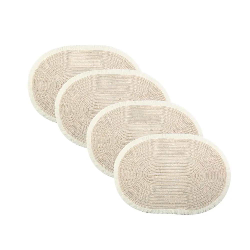 Tischset Stoff Baumwolle oval mit heller Fransenkante – Beige