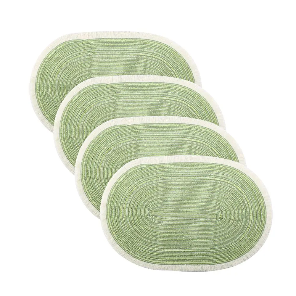 Tischset Stoff Baumwolle oval mit heller Fransenkante – Grün