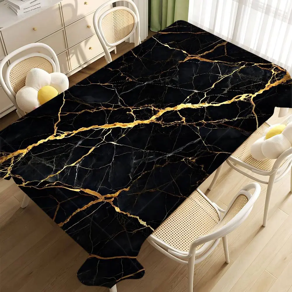 Tischdecke rechteckig groß mit Marmoroptik und goldenen Adern – Schwarz – Goldnetz