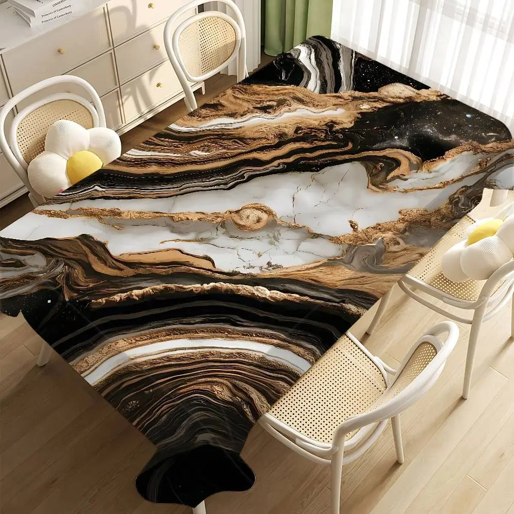 Tischdecke rechteckig groß mit Marmoroptik und goldenen Adern – Braun