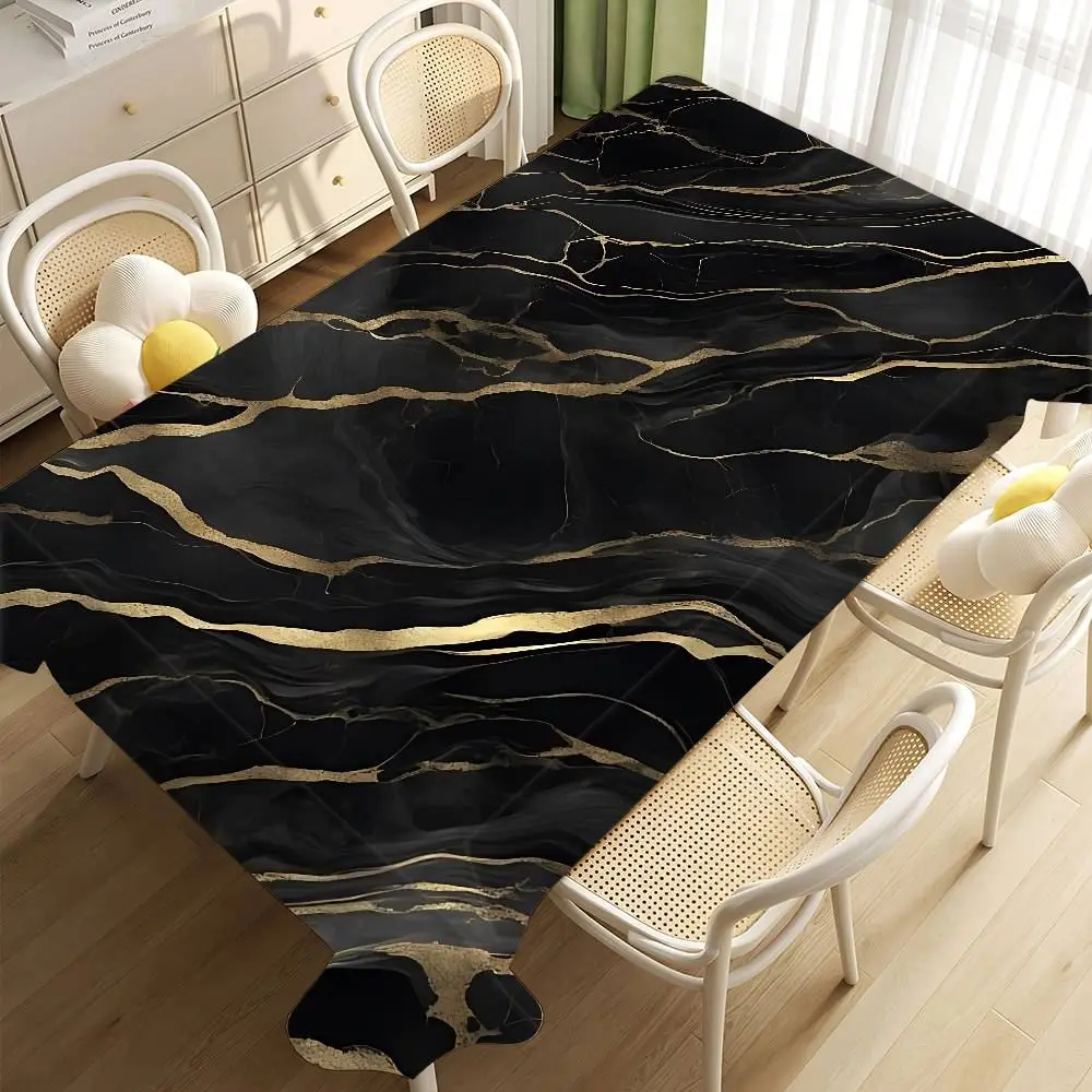 Tischdecke rechteckig groß mit Marmoroptik und goldenen Adern – Schwarz – feine Goldadern