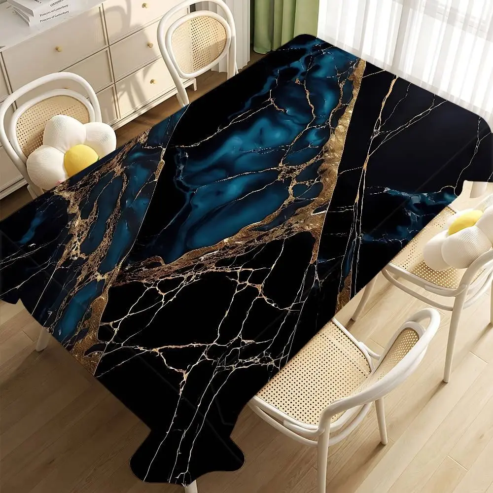 Tischdecke rechteckig groß mit Marmoroptik und goldenen Adern – Schwarz – Blau-Gold