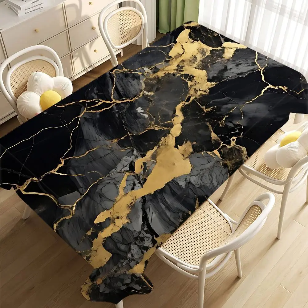 Tischdecke rechteckig groß mit Marmoroptik und goldenen Adern – Schwarz – Goldfleck