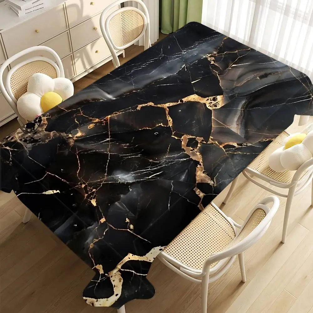 Tischdecke rechteckig groß mit Marmoroptik und goldenen Adern – Schwarz – Goldrisse