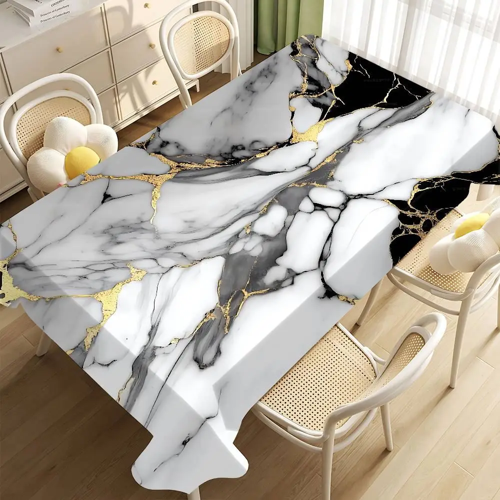Tischdecke rechteckig groß mit Marmoroptik und goldenen Adern – Weiß