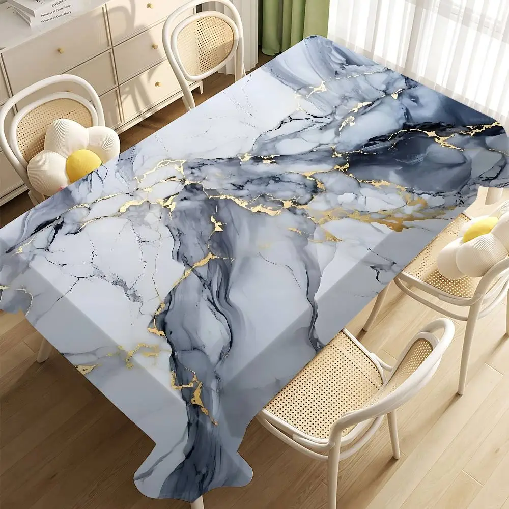 Tischdecke rechteckig groß mit Marmoroptik und goldenen Adern – Hellgrau