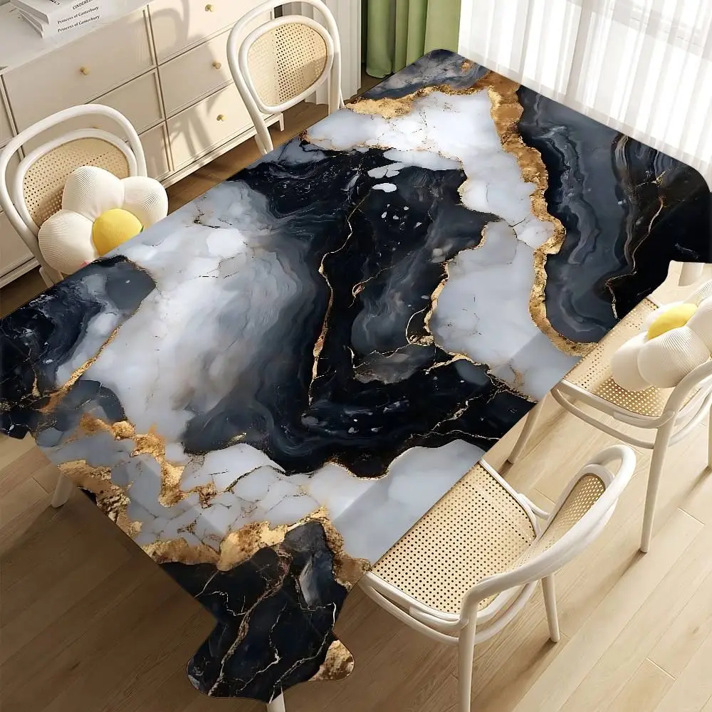 Tischdecke rechteckig groß mit Marmoroptik und goldenen Adern – Schwarz – Weiß marmoriert