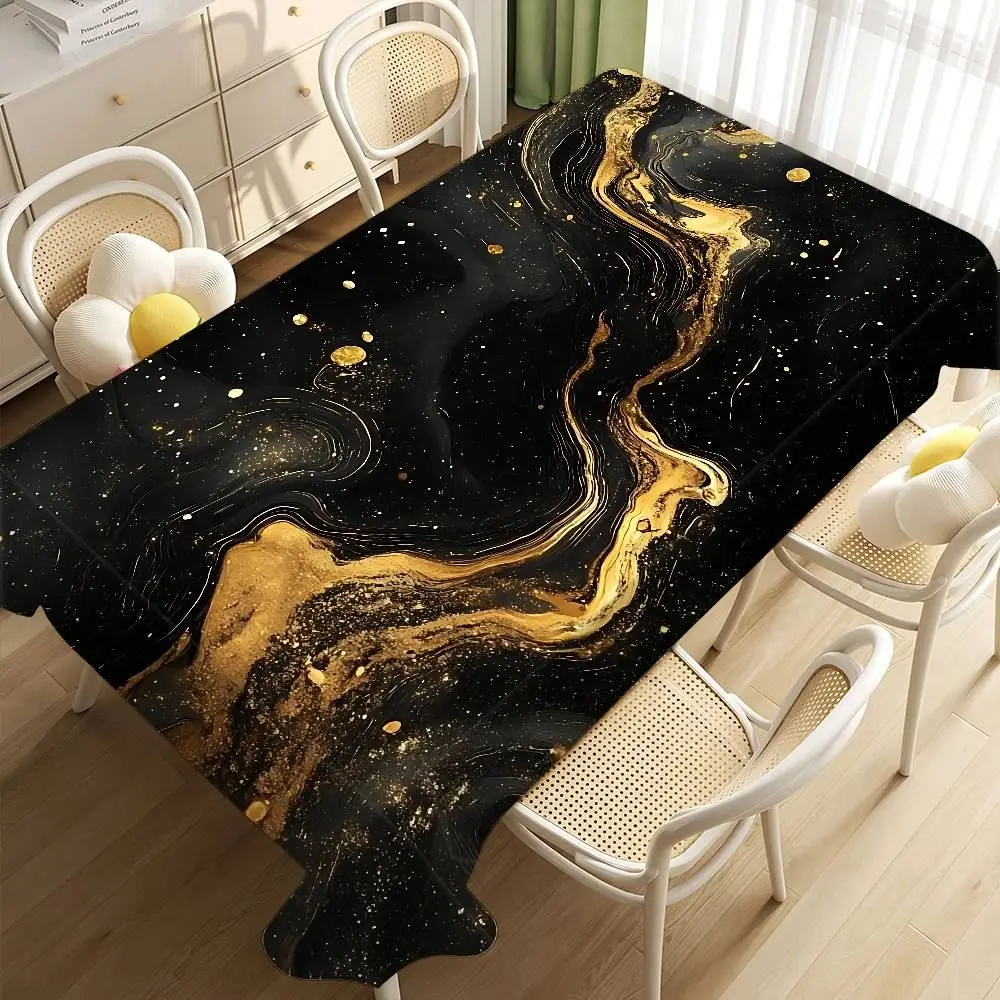 Tischdecke rechteckig groß mit Marmoroptik und goldenen Adern – Schwarz – Gold-Wirbel