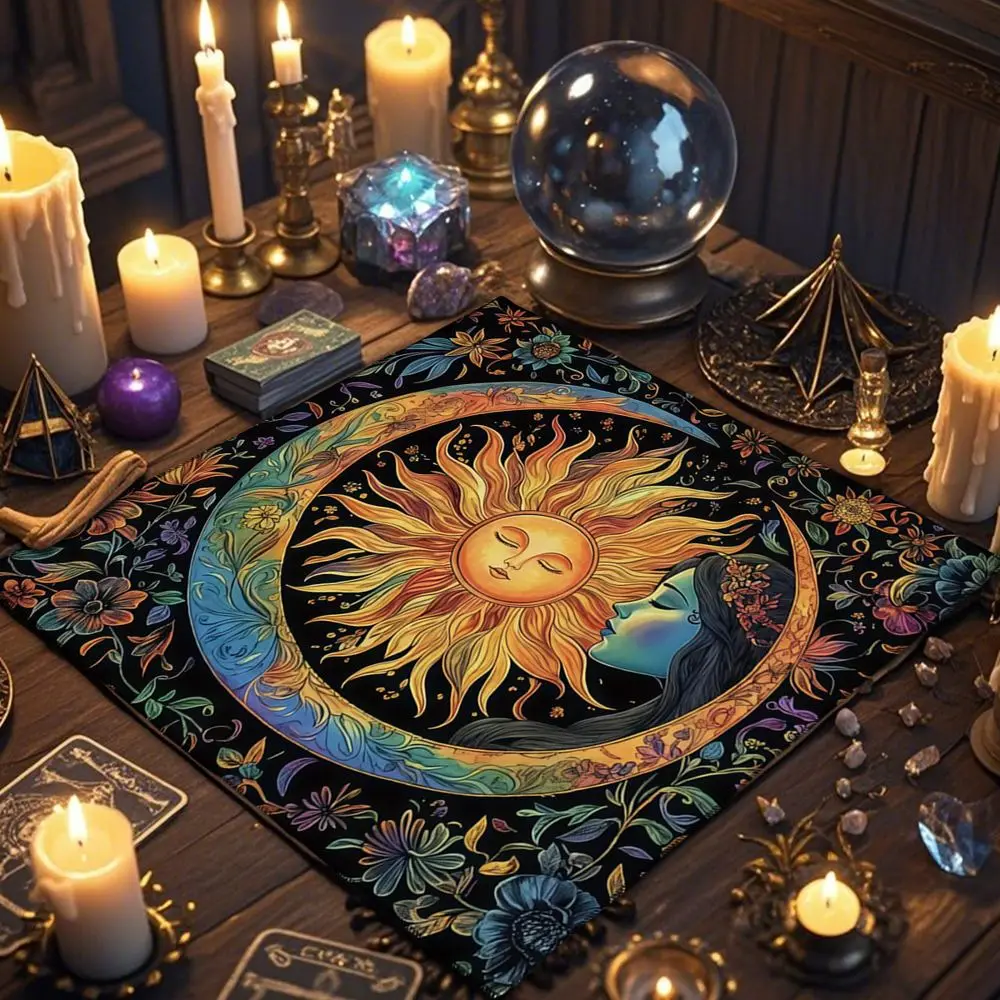 Stoff Tischdecke mit Sonne und Mond, quadratisch, waschbar – Bunt – Sonne Türkis