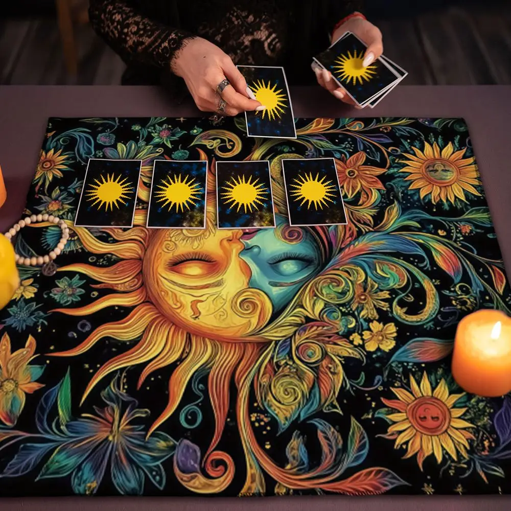 Stoff Tischdecke mit Sonne und Mond, quadratisch, waschbar – Bunt – Sonne und Mond Blumen