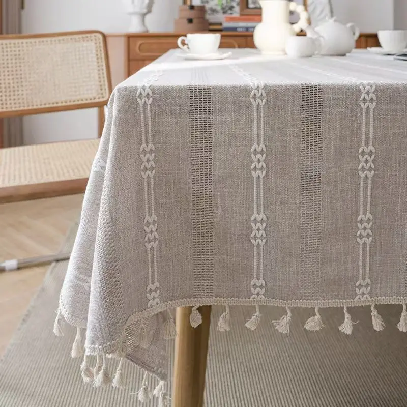 Tischdecke grau rechteckig mit Quasten und Streifenmuster – Grau