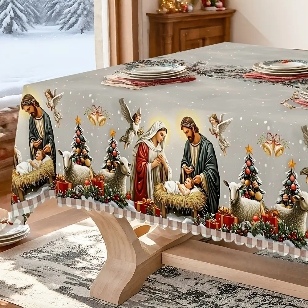 Große Tischdecke Weihnachten mit Krippenmotiv, rechteckig – Bunt